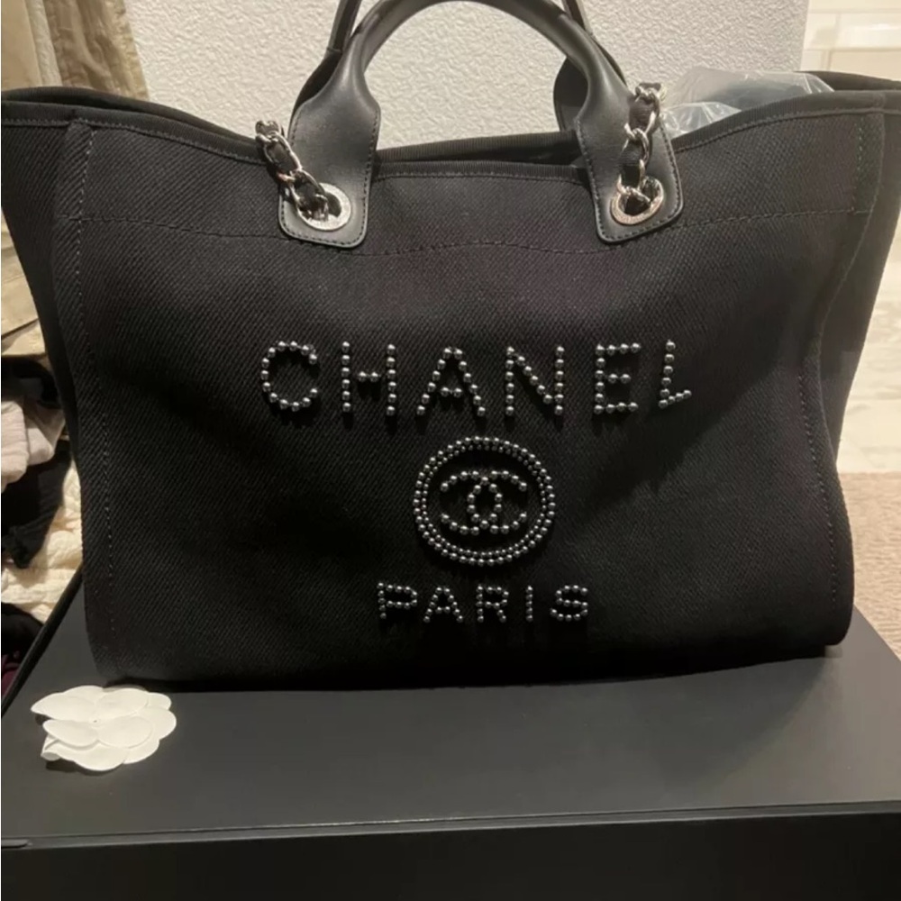 CHANEL Deauville Pearl Tote Bag Black